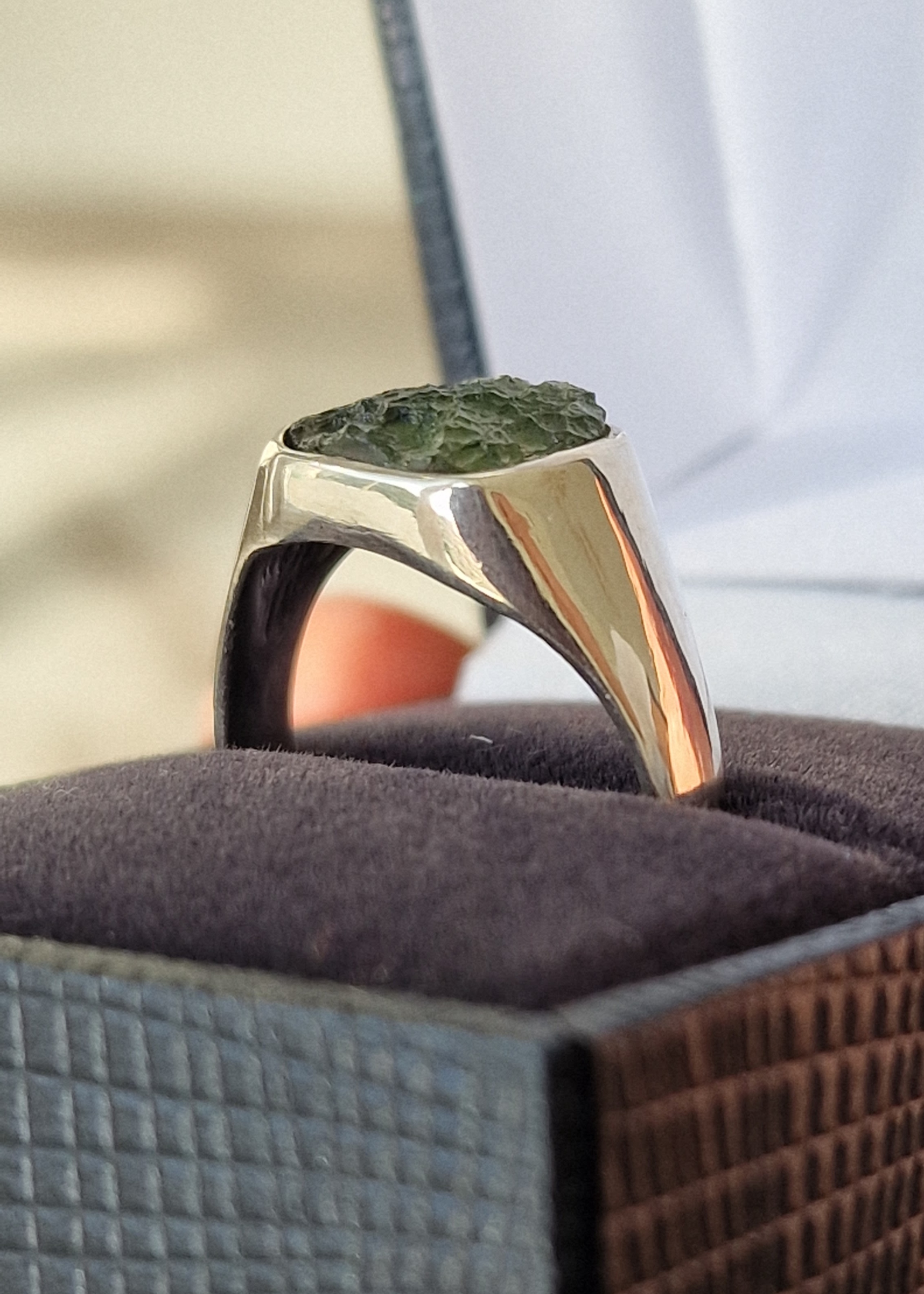 Man s silver natural Moldavite signet ring